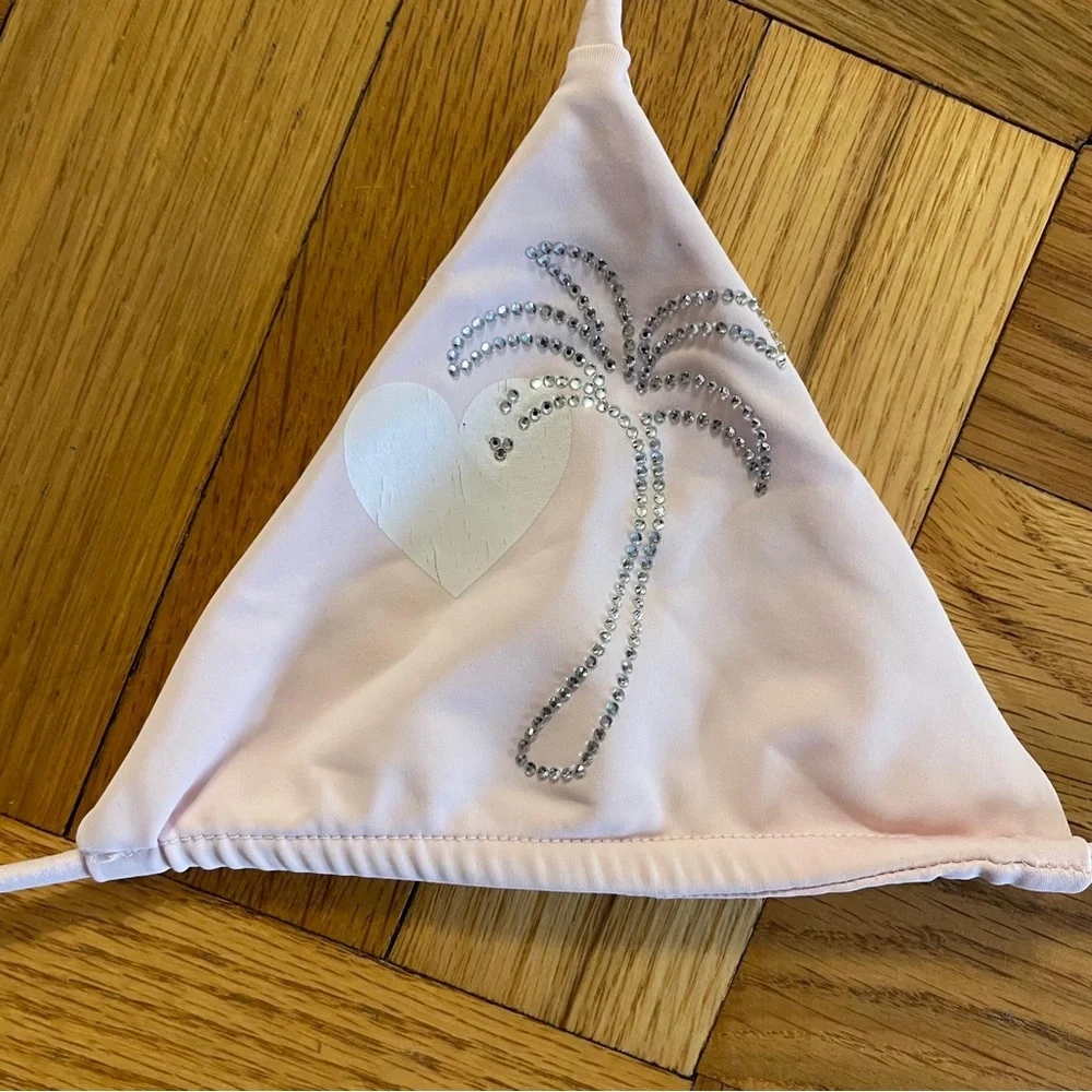 Frankie’s Bikinis Pink Palm Tree Embellished Bikini Top Size Small Y2K
